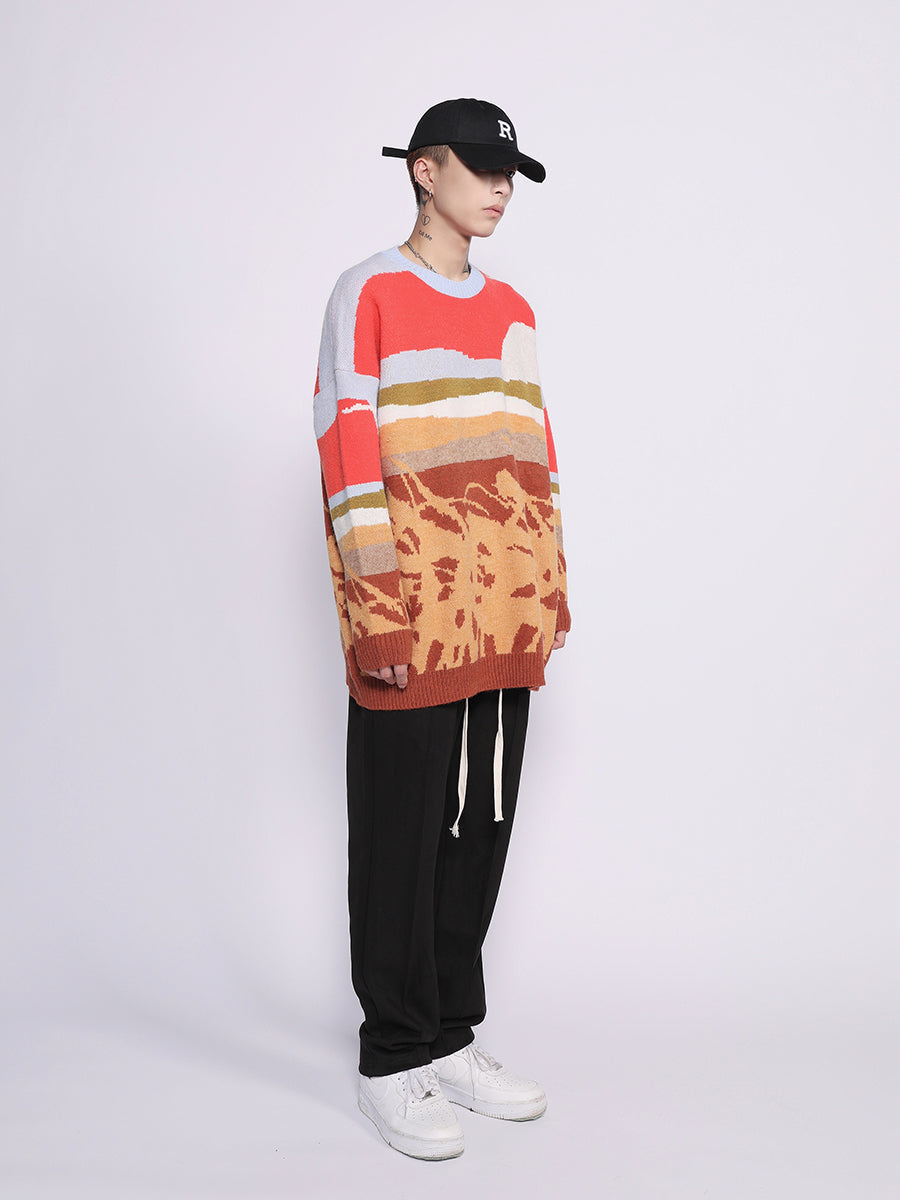 Pull en tricot motif scène agricole