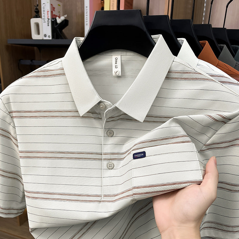 Mens Summer Striped Loose-Fit Lapel T-Shirt