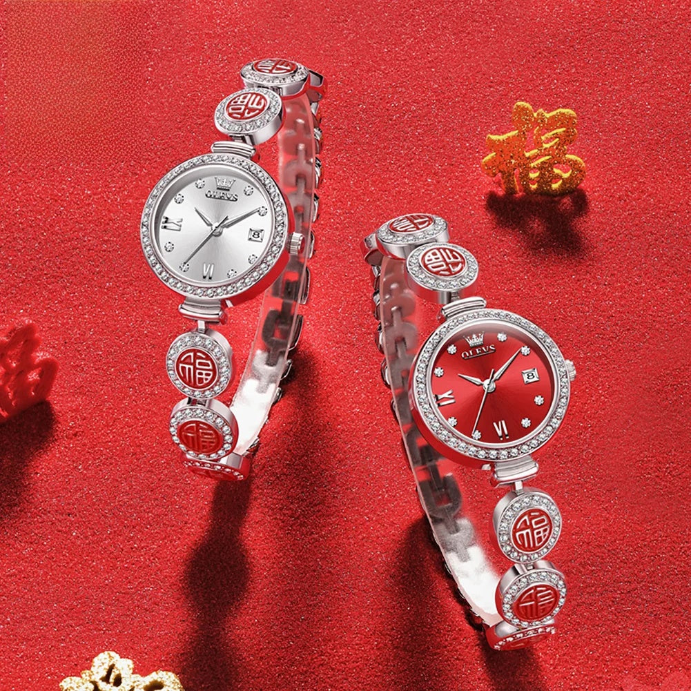 Montre à Quartz Élégante pour Femme, Bracelet Cadran Rouge Étanche