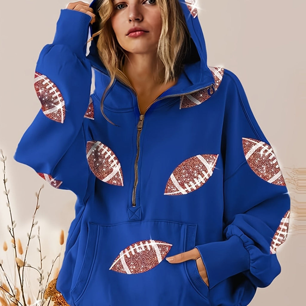 Football Digital Print Hoodie With Long Sleeves And A Zipper