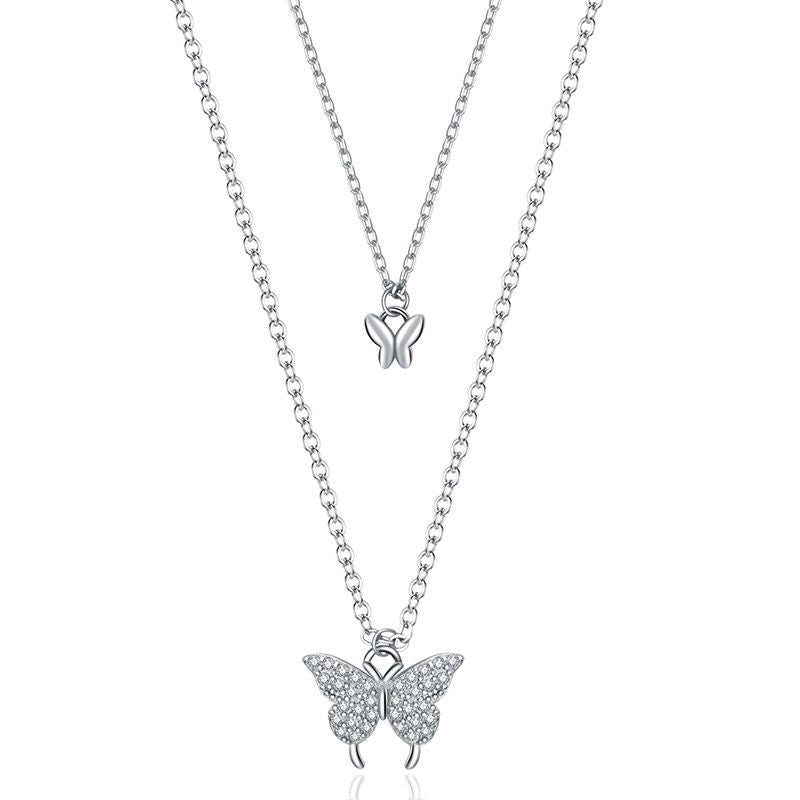 Double Layer Zircon Butterfly Necklace For Women, Dainty Stacked Collarbone Chain, Adjustable Long Sweater Chain Minimal Fashion Jewelry