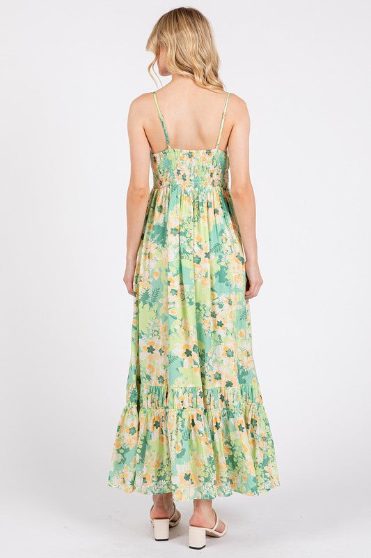 New Summer  Floral Smocked Back Ruffled Hem Maxi Cami Dress – Bohemian Elegance, Feminine, Flowy, Comfortable, Effortlessly Chic
