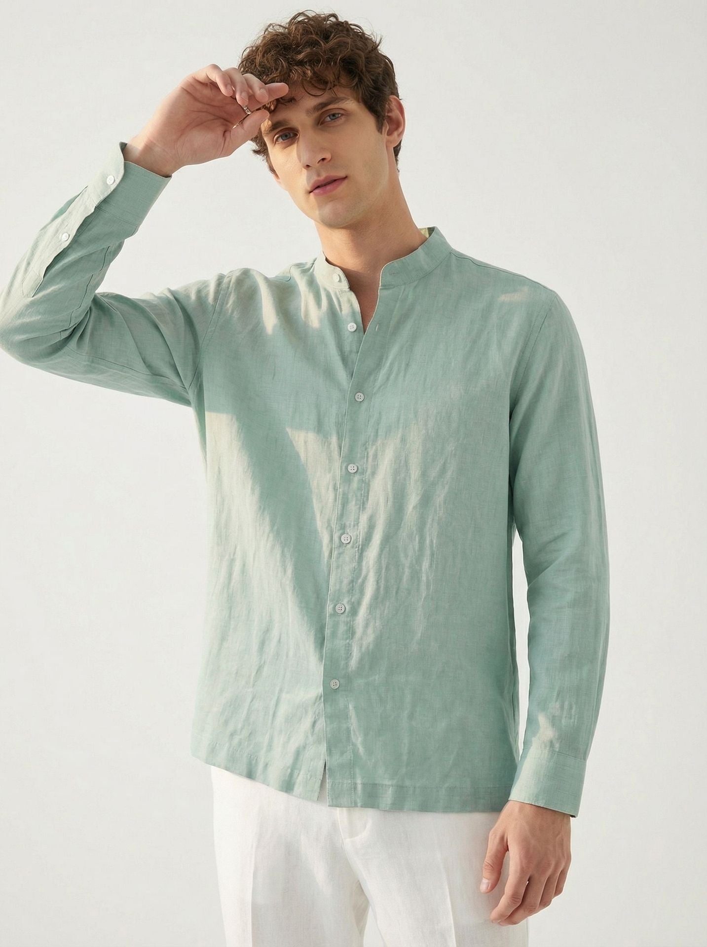 Italian Neapolitan Luxury Pure Natural Linen Mens Long Sleeve Shirt