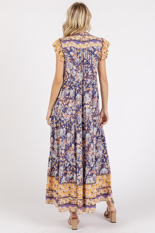 Floral Ruffled Notched Cap Sleeve Maxi Summer Dress For Women – Bohemian Chic Dress with Floral Print and Ruffled Details