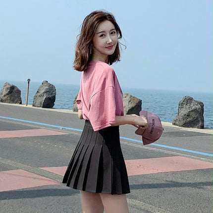 High-waisted A-line Skirt For Petite Women Gray And White Pleated Skirt
