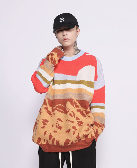 Pull en tricot motif scène agricole