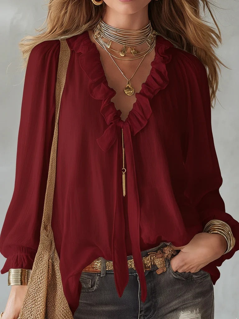 Casual Loose Fashion Ruffle Tie V-neck Shirt Top
