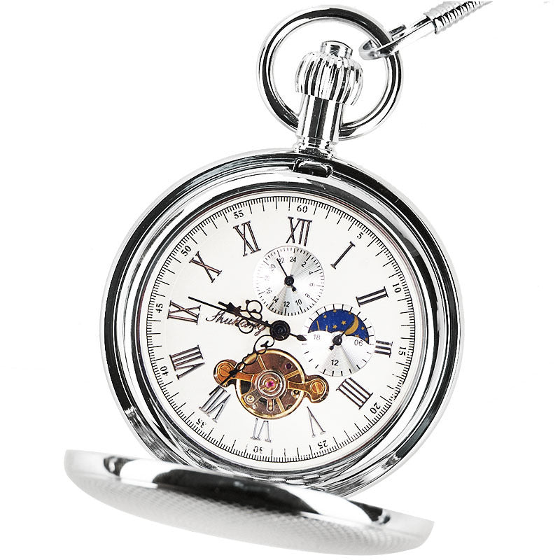 Dual-display Folding Cover Sun-moon-star Automatic Mechanical Pocket Watch