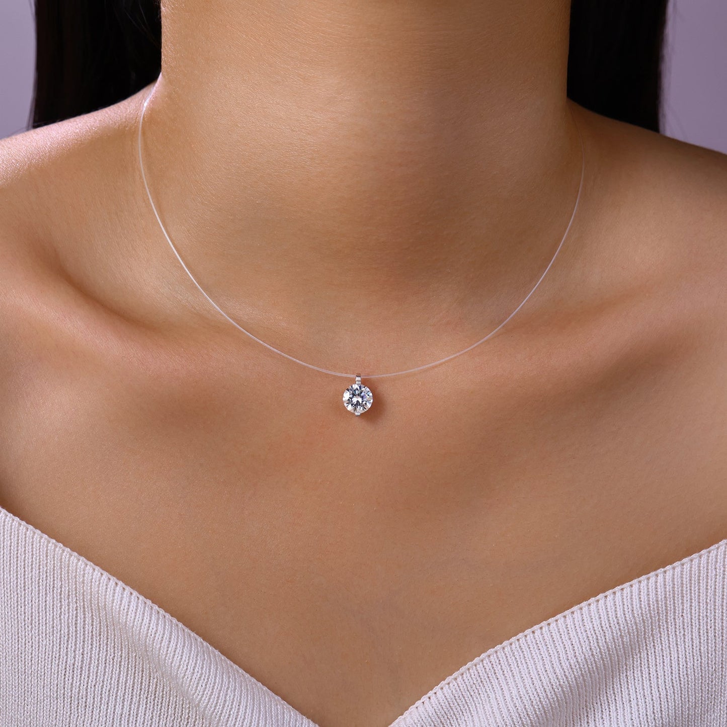 S925 Sterling Silver Invisible Necklace, 1&2&3ct D-VVS1 Moissanite Solitaire Pendant, Platinum Plated 40&46cm Chain, GRA Certified Gift Box