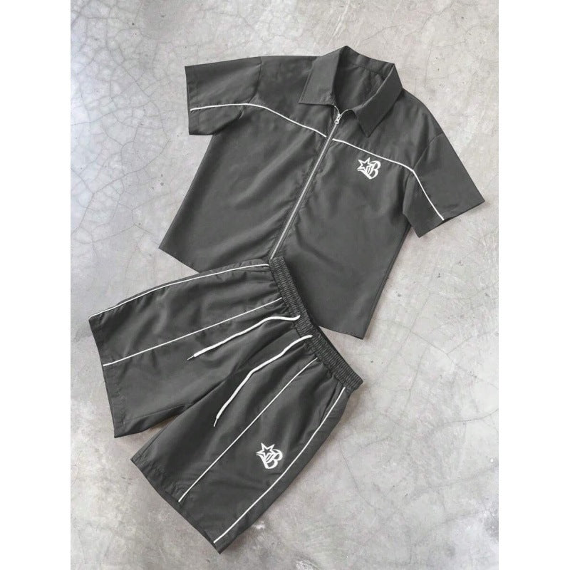 Striped Zip-front Short-sleeve Shirt And Shorts Set