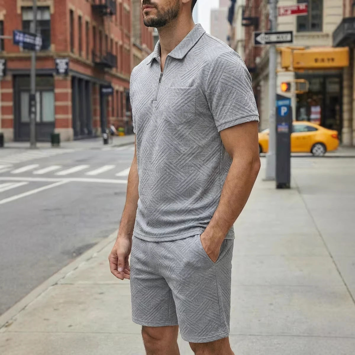 Mens Spring New Solid-Color Jacquard Zip-Up Set