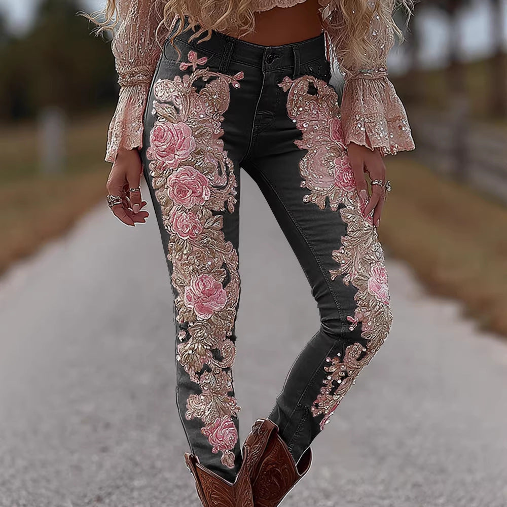 Womens Denim Jeans  Womens Trousers With Colorful 3D Floral Prints