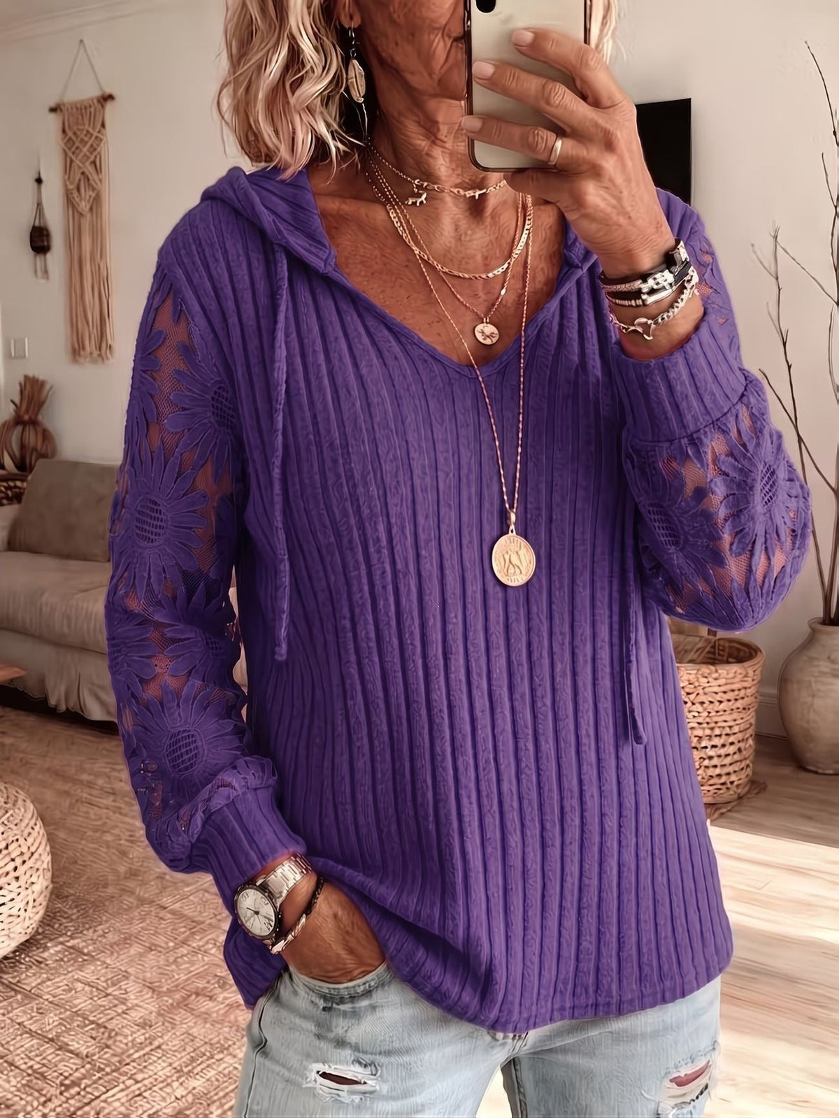 Women V Neck Hooded Sweatshirt Ribbed Knit Floral Lace Splicing Long Sleeve Drawstring Casual Pullover Tops