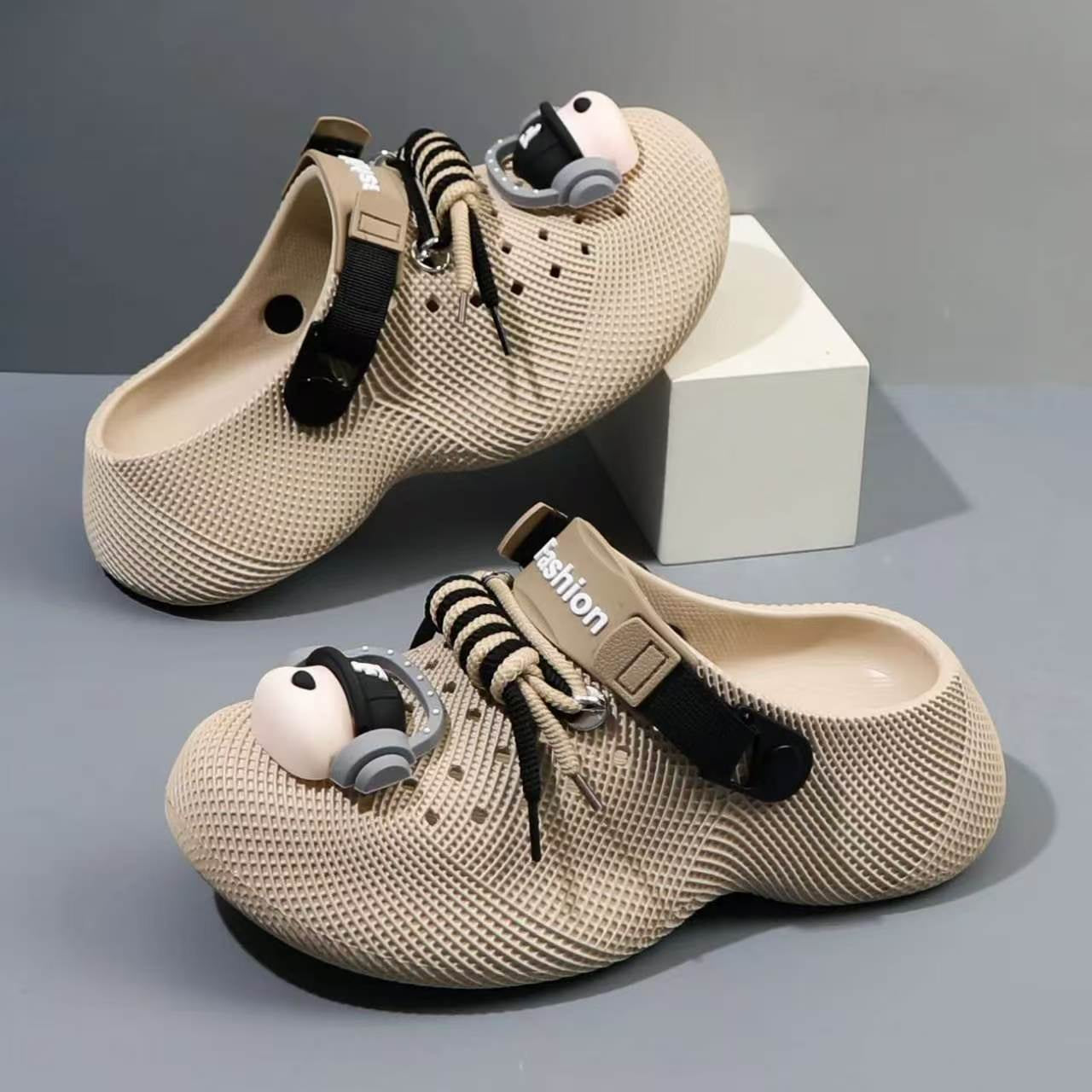 Men's Clogs Summer Outdoor Wear, Chunky Sole Sandals, Punk Headphone Design Popular Beach Shoes, Waterproof & Breathable