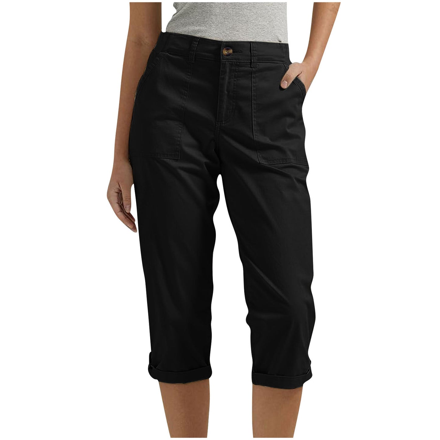 Womens Solid-color Buttoned Roll-up Capri Pants