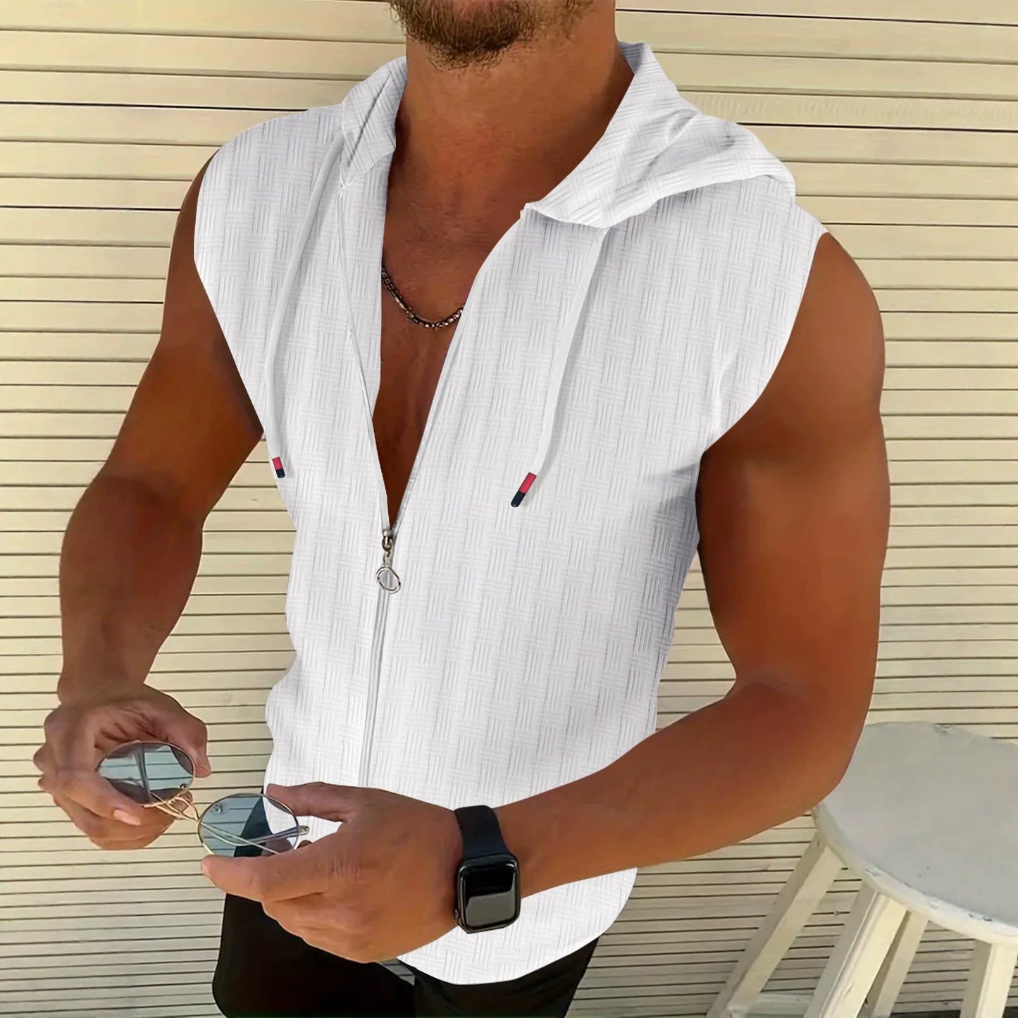 Mens Stylish Sleeveless Hooded Zip-up Cardigan