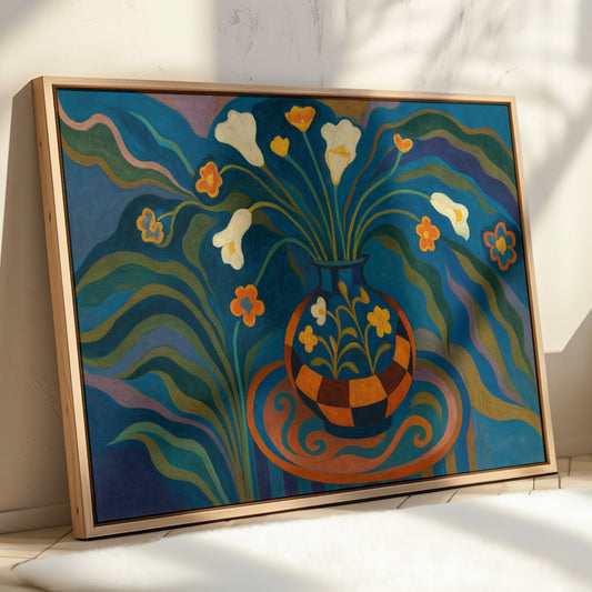 Fleurs éclairées par la lune dans un vase à carreaux