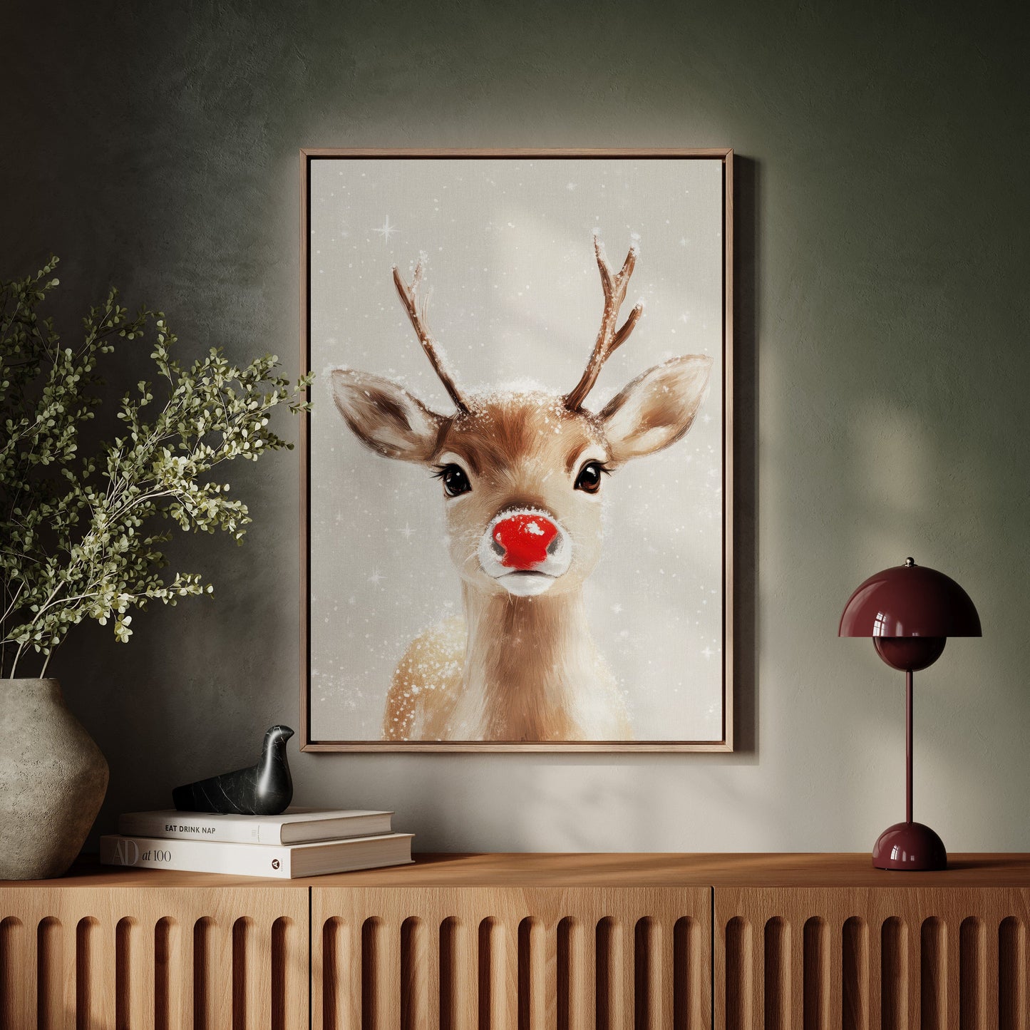 Adorable renne enneigé – Impression murale de Noël douillette