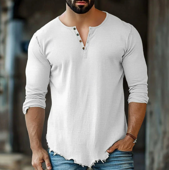 Fashionable Mens Casual Solid-Color Four-Button Long-Sleeve T-Shirt