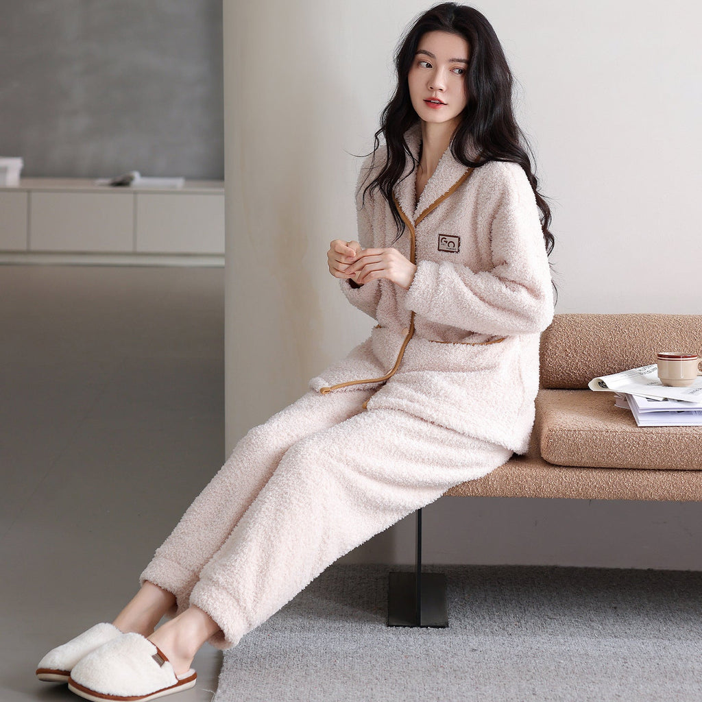 Flannel Thick Warm Long Sleeves Coral Fleece Couple Pajamas Suit