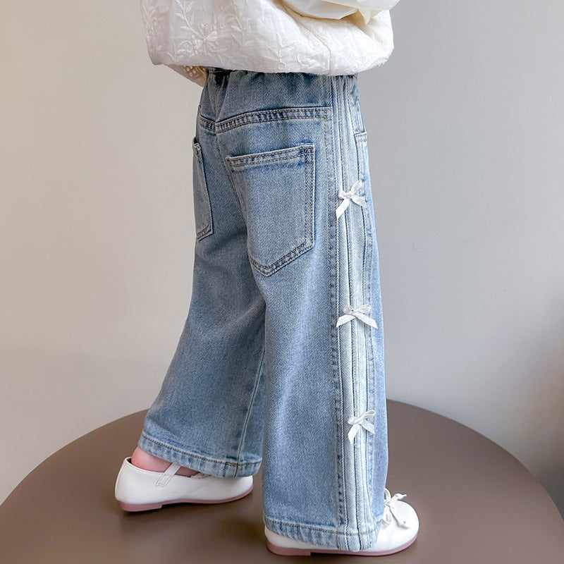 New Autumn Denim Wide-Leg Straight Pants With Bow For Kids