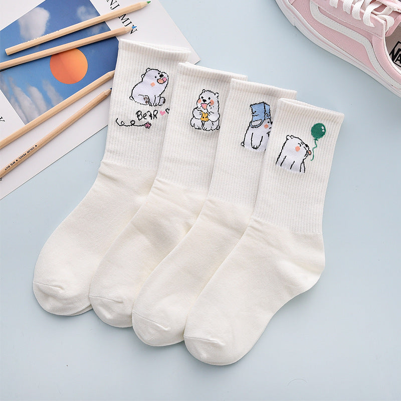 4Pair Spring And Summer Combed Out Of Pure Cotton Socks Mid Waist Fashion Bear Socks Cute Animal Socks Kawaii Cute Cartoon Purple College Socks For Men And Women