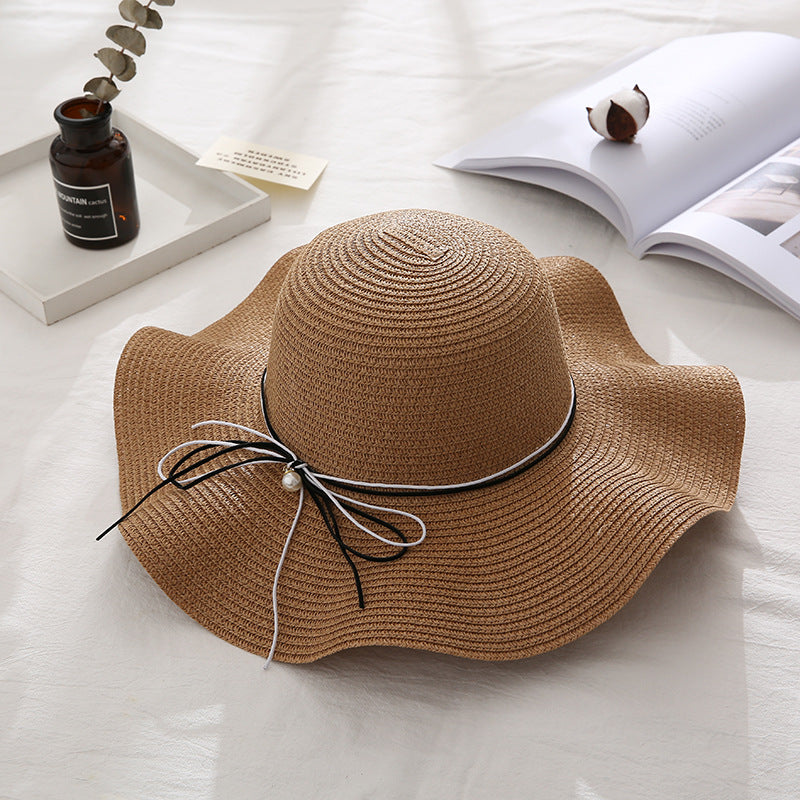Summer Cap Black Ribbon Decorate Wavy Straw Hat For Girls Hat Kids Sun Cap Baby Beach Hats for Girls