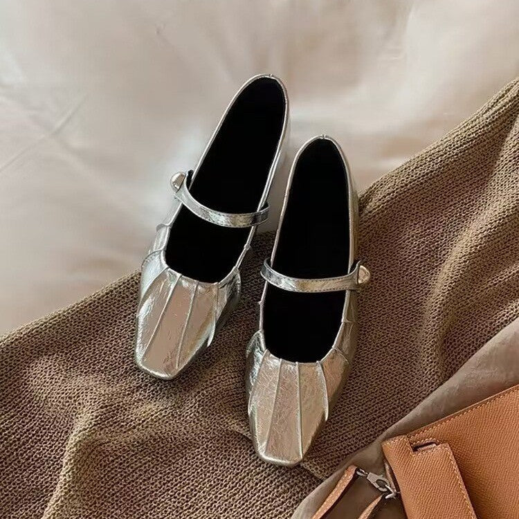 2026 Summer New Women French Style Mary Janes, Inner Heightening Wrinkle Square Toe Shallow Shoes With Single Strap Buckle Fashion Flats