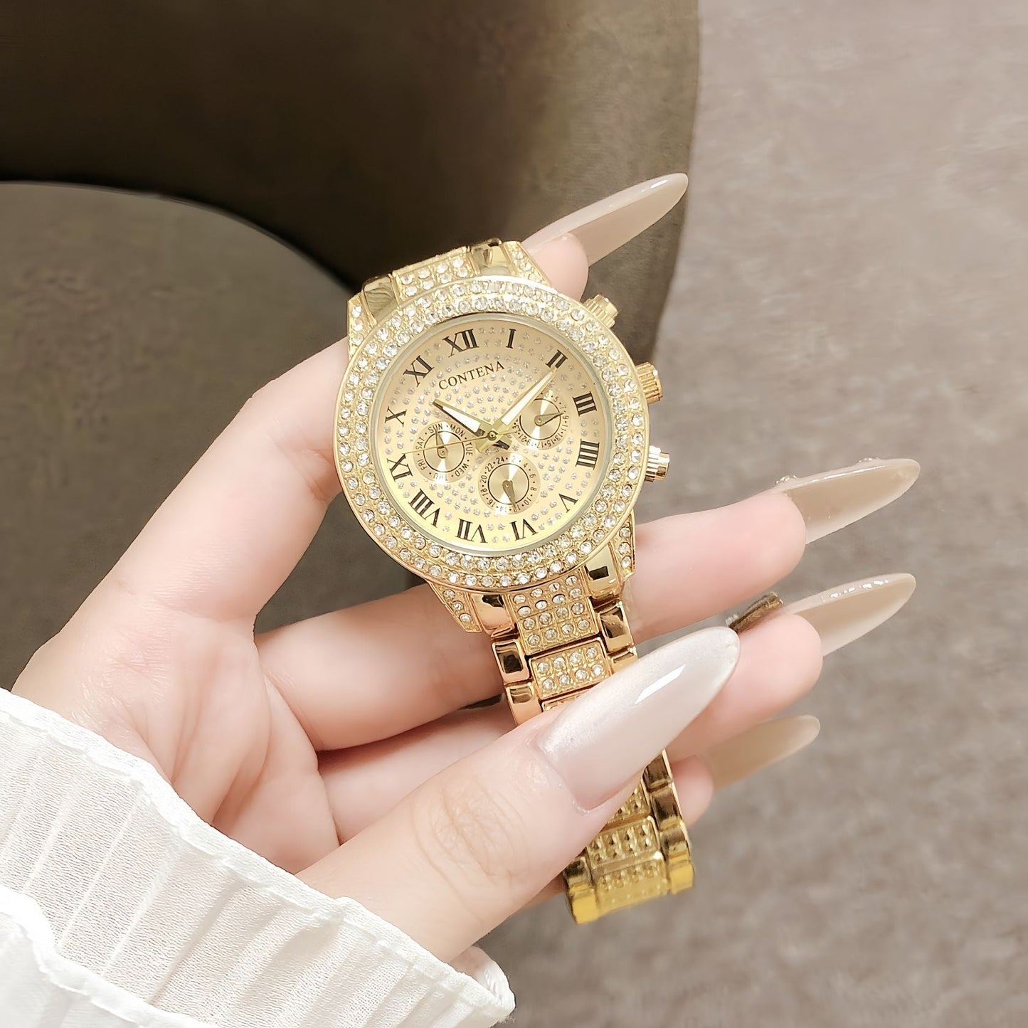 New CONTENA Fully Diamond-encrusted Gold Womens Watch