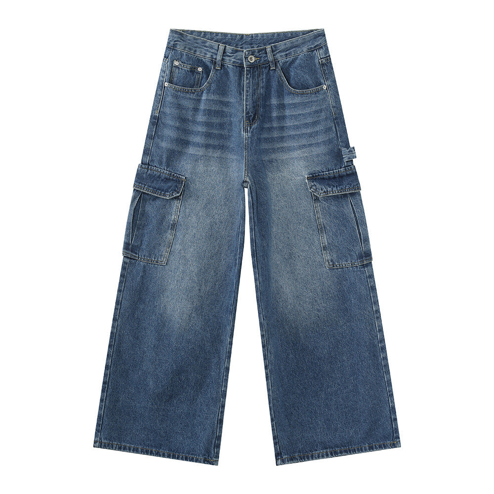 Bleached Wide-leg Multi-pocket Straight-leg Casual Work Pants