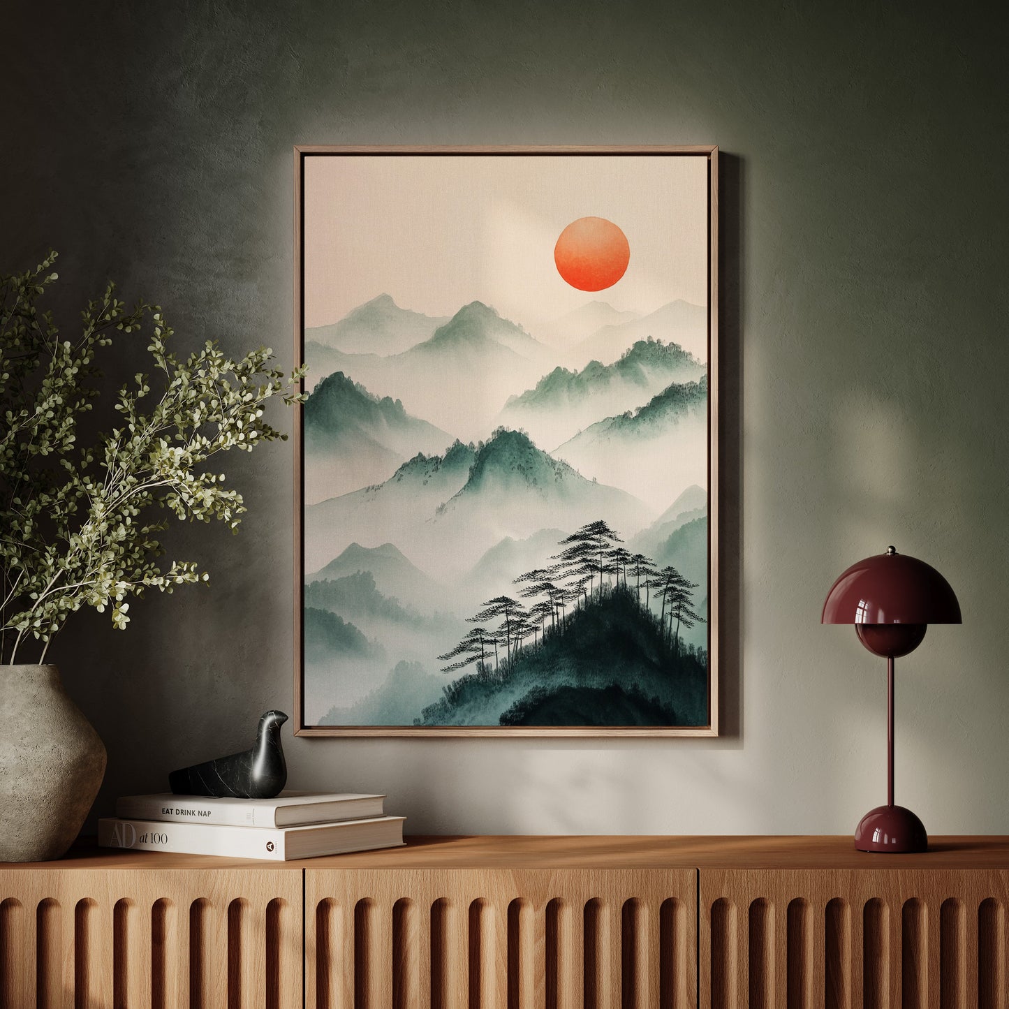Nebelgebirgs-Sonnenaufgang – Ruhiger, asiatisch inspirierter Landschaftsdruck