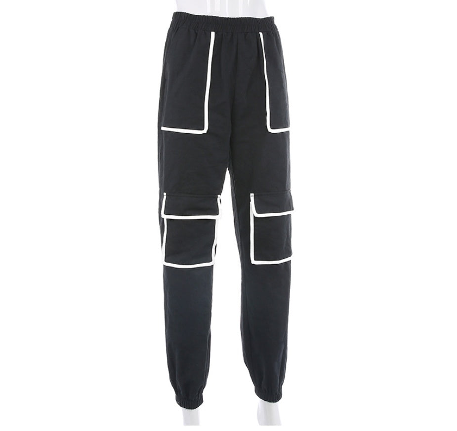 White Stripe Cargo Pants Women Trousers Pockets Patchwork Contrast Color High Waist Pants Hip Hop Capris