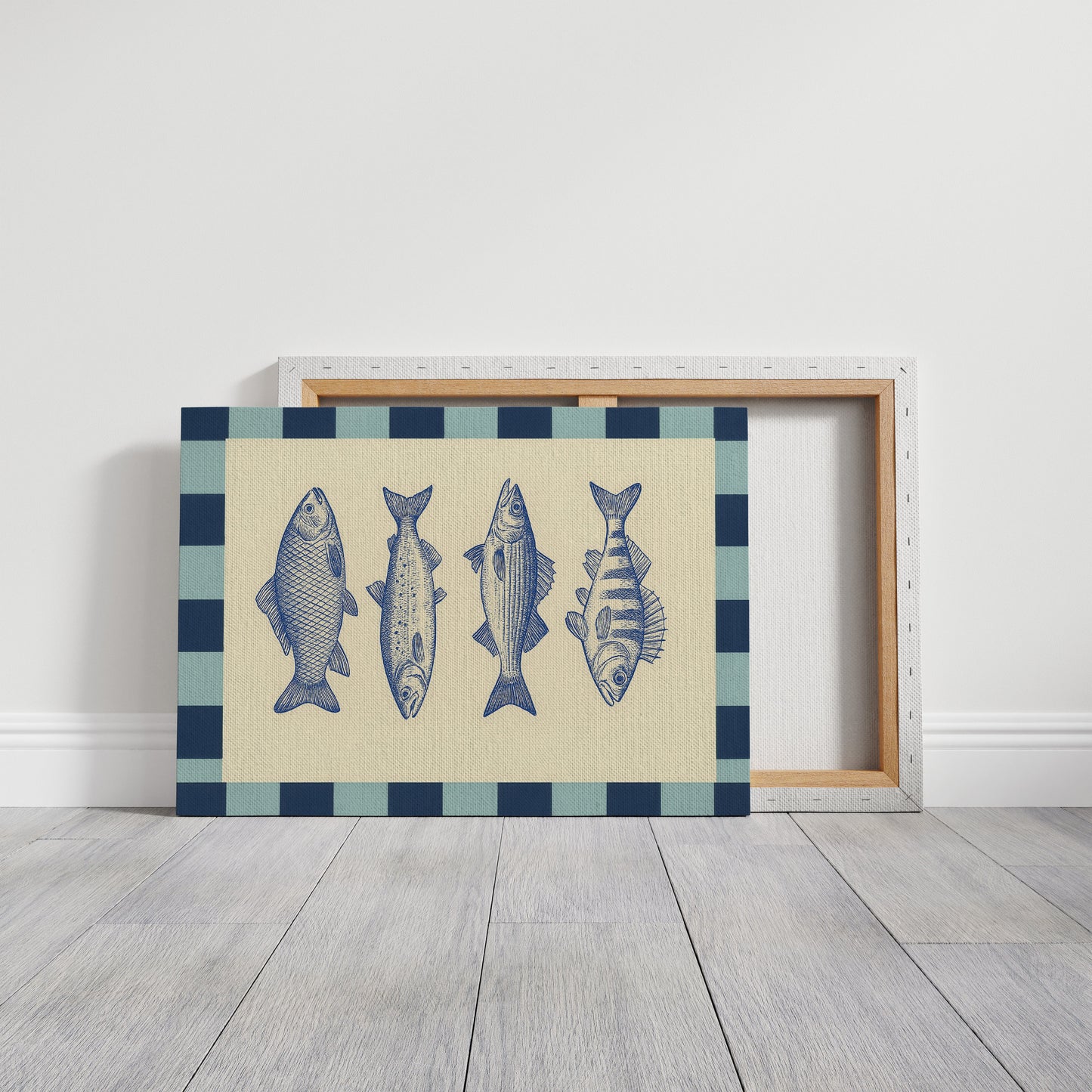 Quatuor de poissons vintage sur un damier bleu