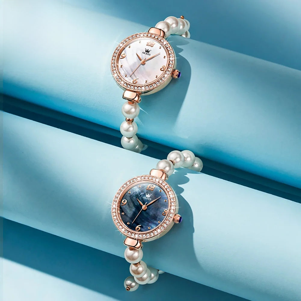 Montre Bracelet Femme Perles, Lunette Cristal Rose Doré