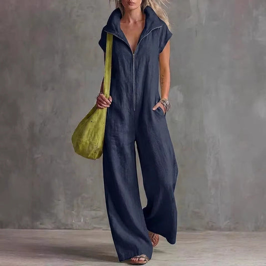 Women's Loose Sleeveless Jumpsuit with Pockets – Linen-Look