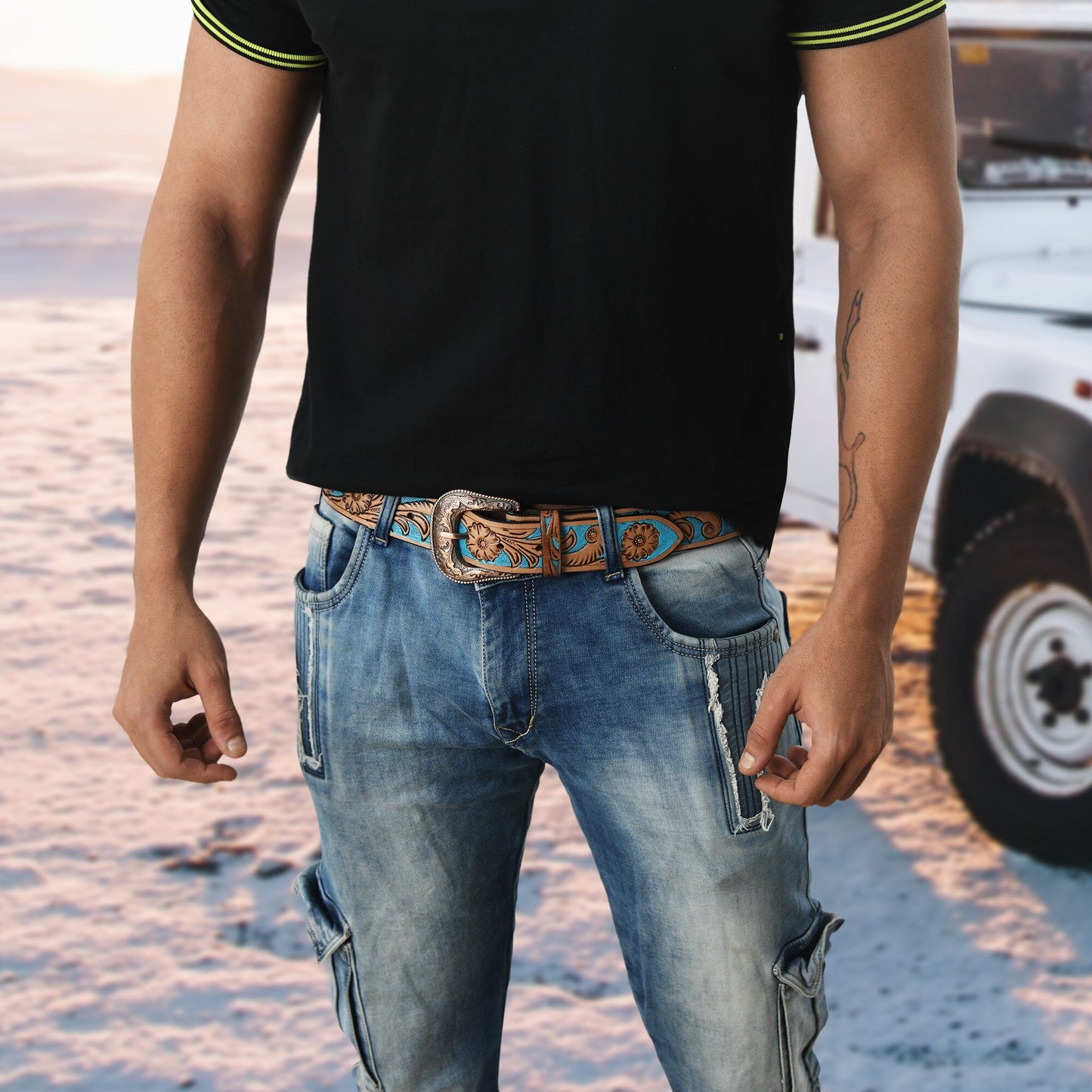 Ceinture de cowboy en cuir - Bleu et marron
