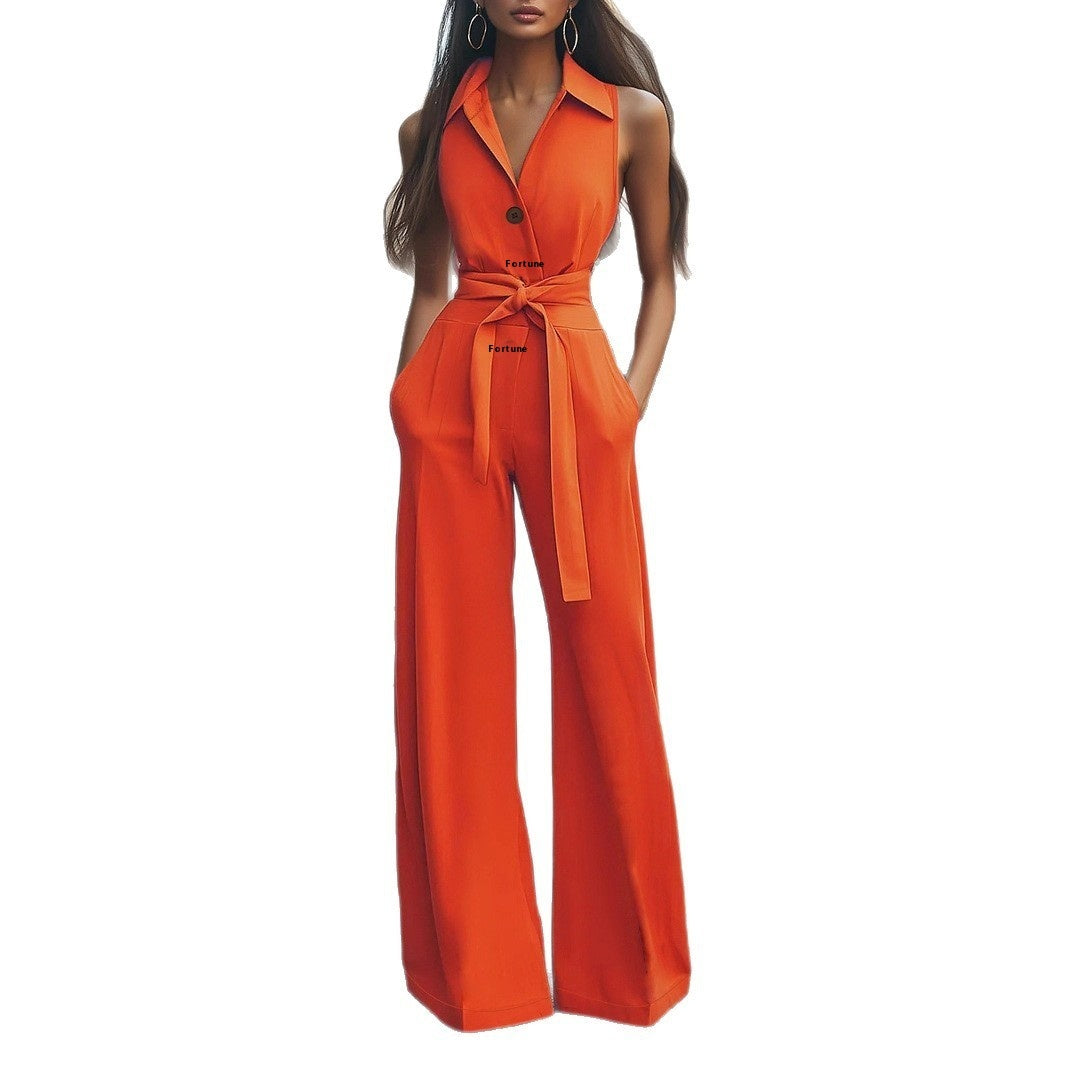 Women's Blouse Collar Solid Color Wide Leg Jumpsuit