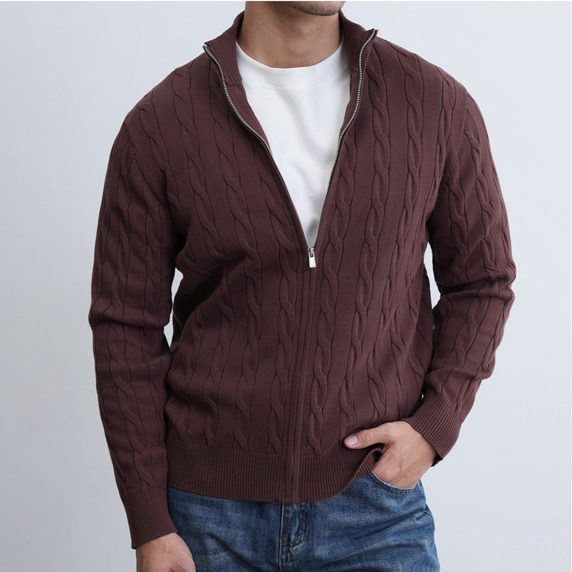 Mens Casual Slim-fit Jacquard Knitted Coat With A Stand-up Collar