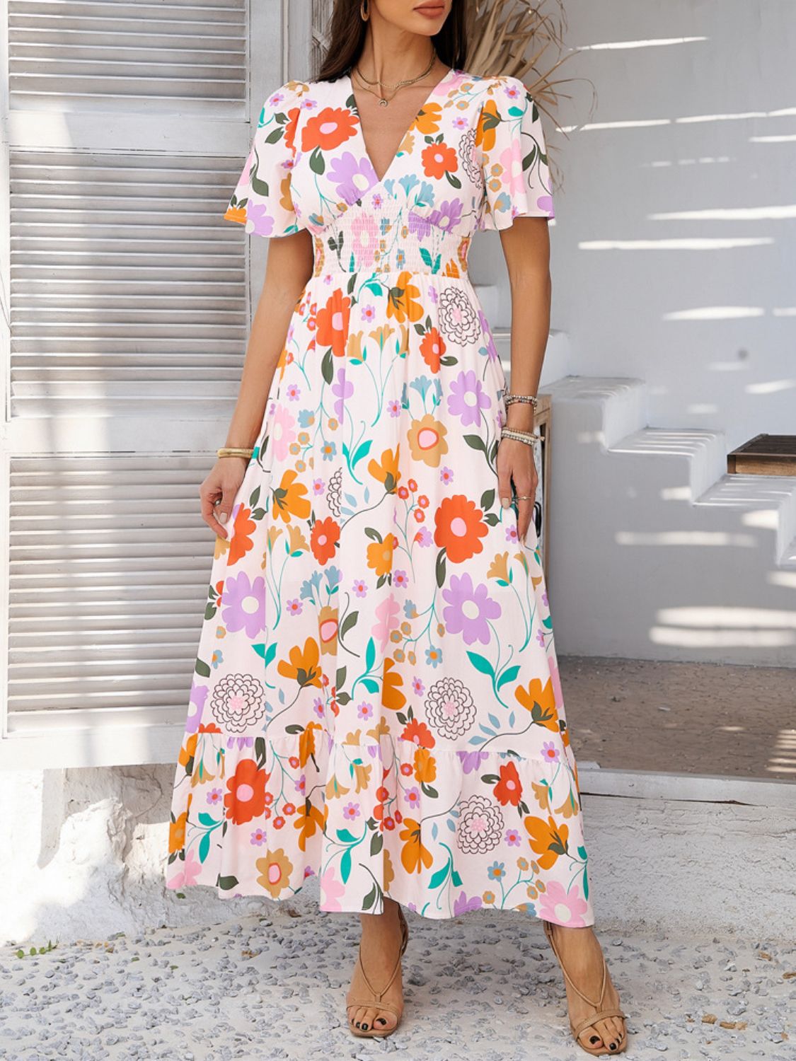 Elegant Printed V-Neck Short Sleeve Maxi Dress Beautiful Casual Women Long Dress