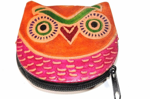 Leather Owl Coin Purse Handcrafted Embossed Compact Wallet