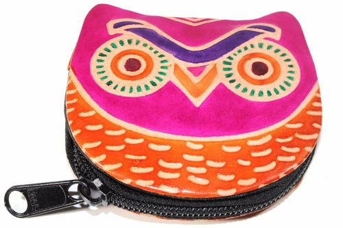 Leather Owl Coin Purse Handcrafted Embossed Compact Wallet