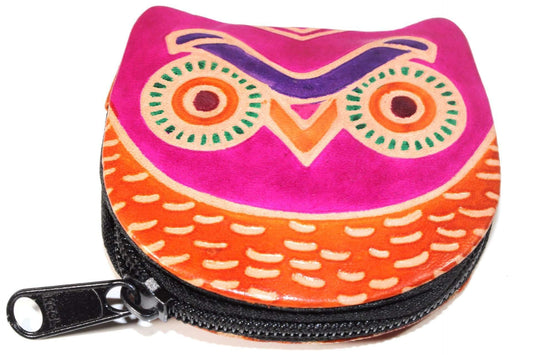 Leather Owl Coin Purse Handcrafted Embossed Compact Wallet