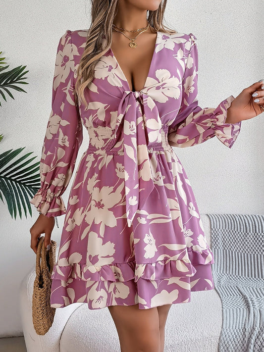 Feminine Lilac Ruffled Printed Long Sleeve Dress Summer Cute Midi Dress