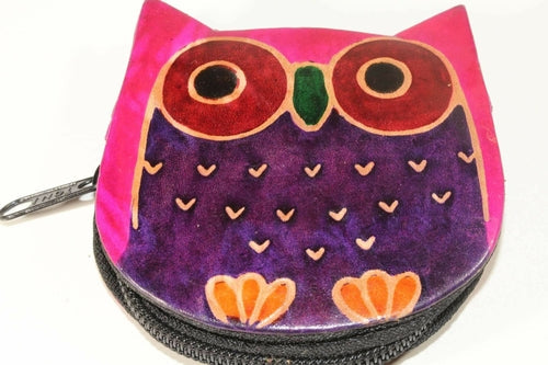 Leather Owl Coin Purse Handcrafted Embossed Compact Wallet