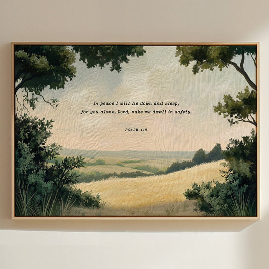 Prairie paisible avec l'Écriture du Psaume 4:8
