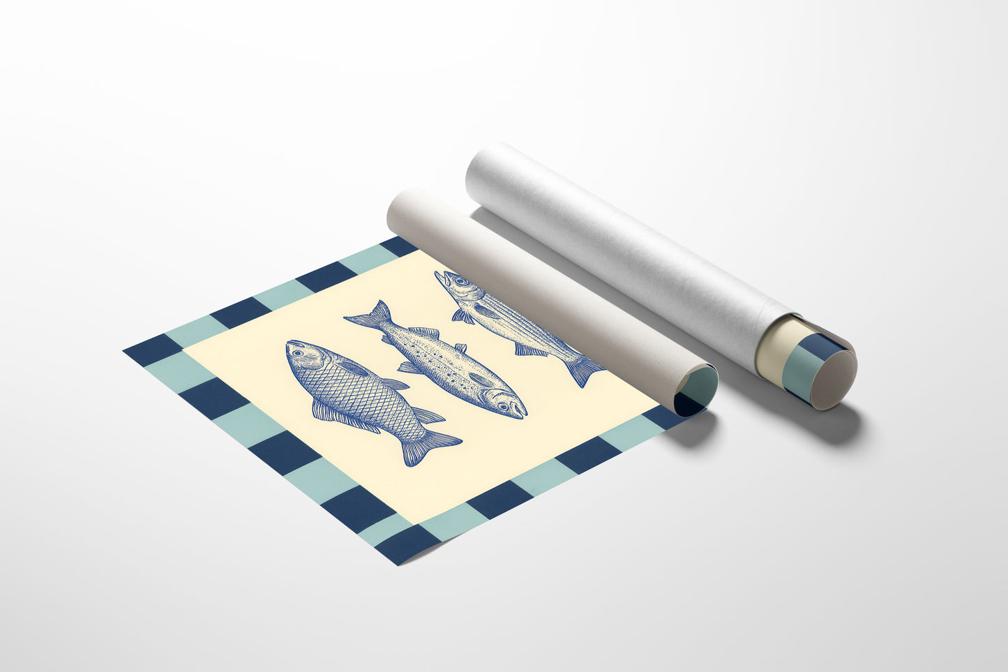 Quatuor de poissons vintage sur un damier bleu