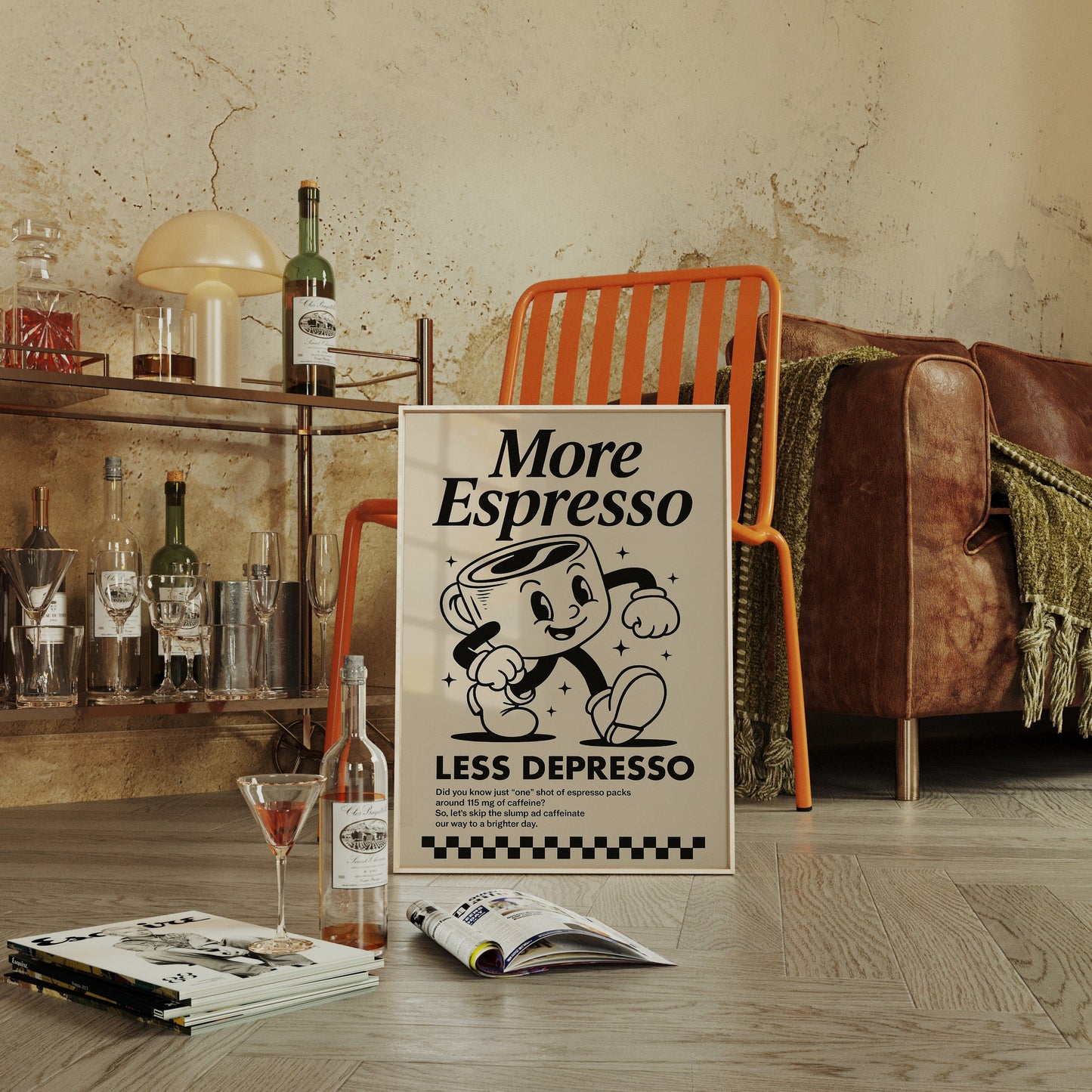 More Espresso, Less Depresso – Vintage Kaffee Poster Kunstdruck