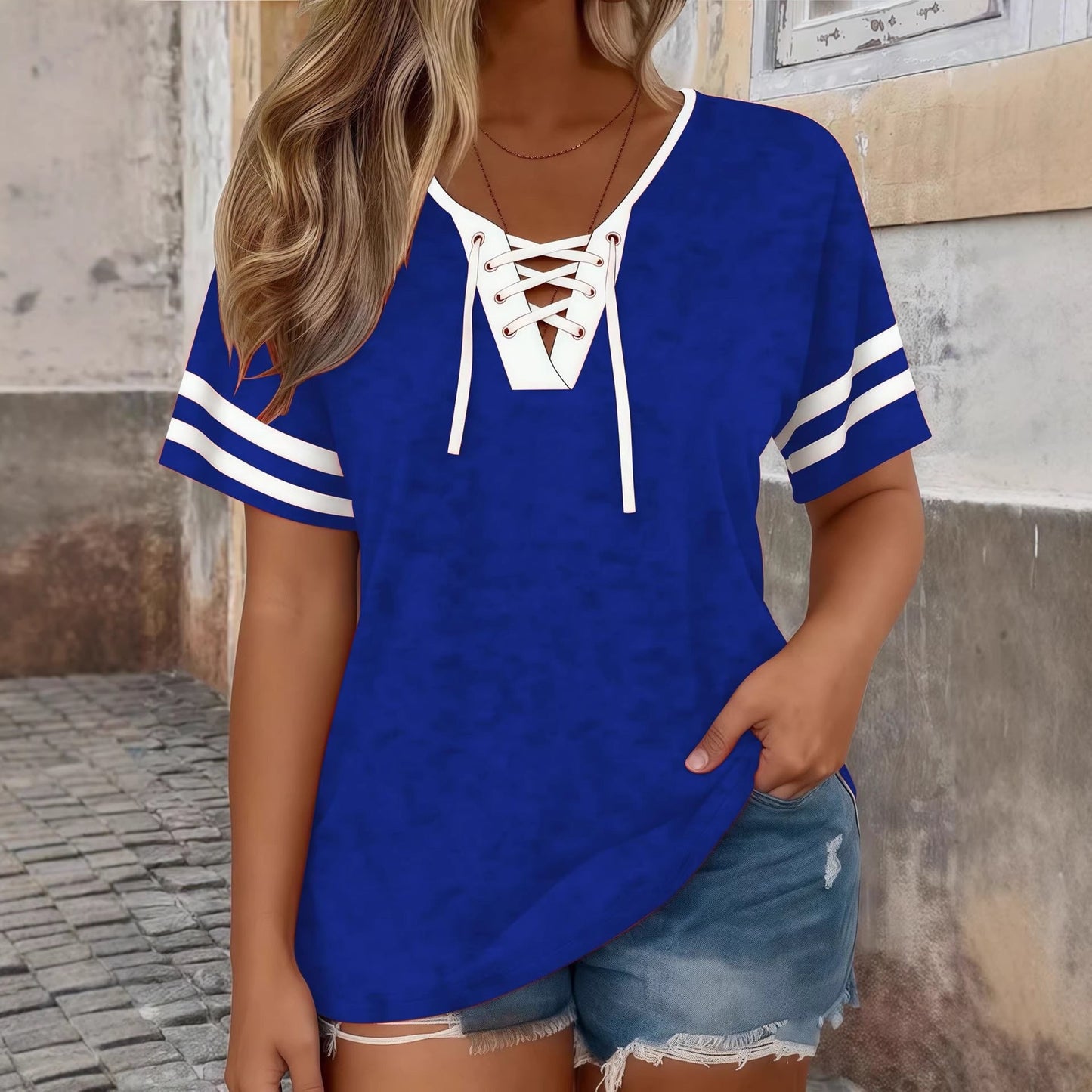 Color-Block Half-Sleeve V-Neck Plus-Size Womens T-Shirt