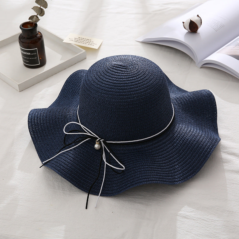 Summer Cap Black Ribbon Decorate Wavy Straw Hat For Girls Hat Kids Sun Cap Baby Beach Hats for Girls