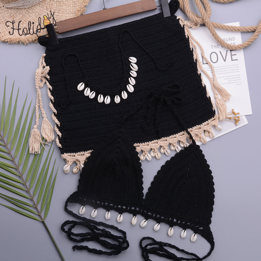 Bikini Set Woman Crochet Shell Tassel Bikini Top And Seashell Beach Skirt Lace See Through Bikini Women Beach Summer 2 Piece Outfits Crochet Mesh Bikini Top and Skirt Set
